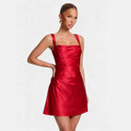 Damen Elegantes Cocktailkleid mit schickem Quadrat-Ausschnitt und fließendem Satin EB