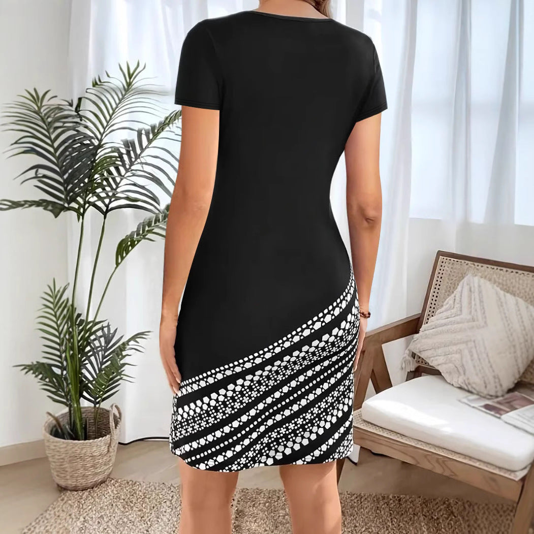 Damen figurbetontes Kurzarmkleid mit grafischem Design und Rundhalsausschnitt R&B