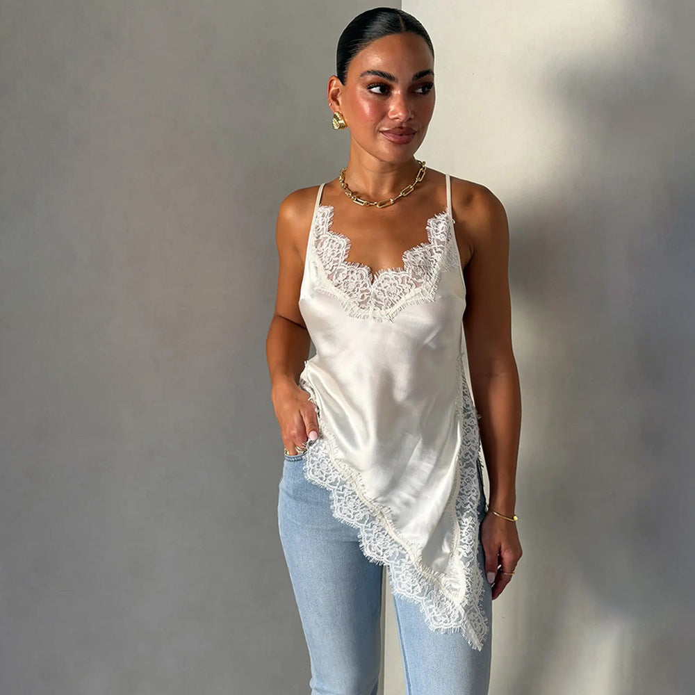 Damen Spitzentop mit asymmetrischem Schnitt und feinen Trägern R&B