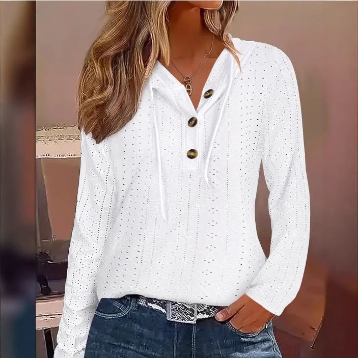 Damen lässiges Hoodie-Oberteil mit Knopfleiste und modernem Lochmuster R&B