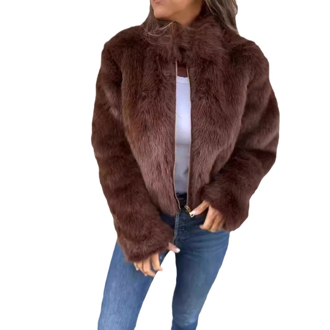 Damen kuschelige Fleecejacke mit hohem Kragen und Reißverschluss