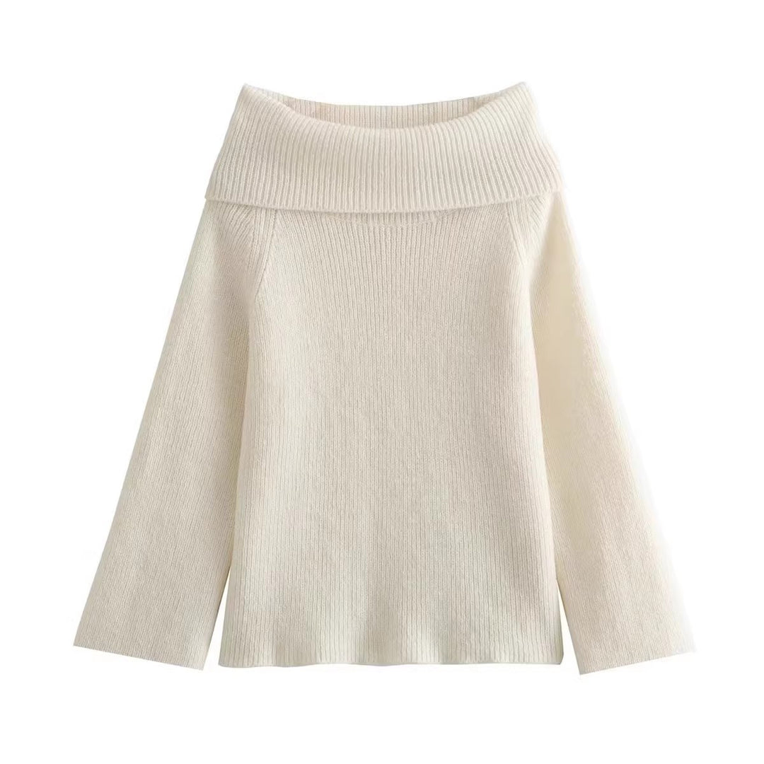 Damen eleganter, hochgeschlossener Strickpullover mit weitem Kragen R&B