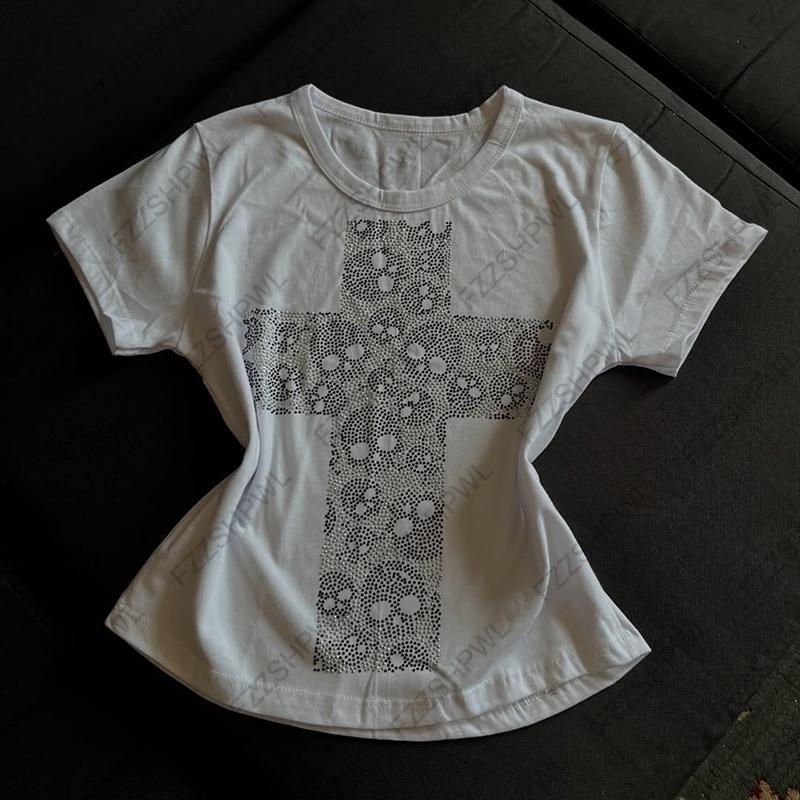 Damen T-Shirt mit kreativem Kreuzdruck R&B