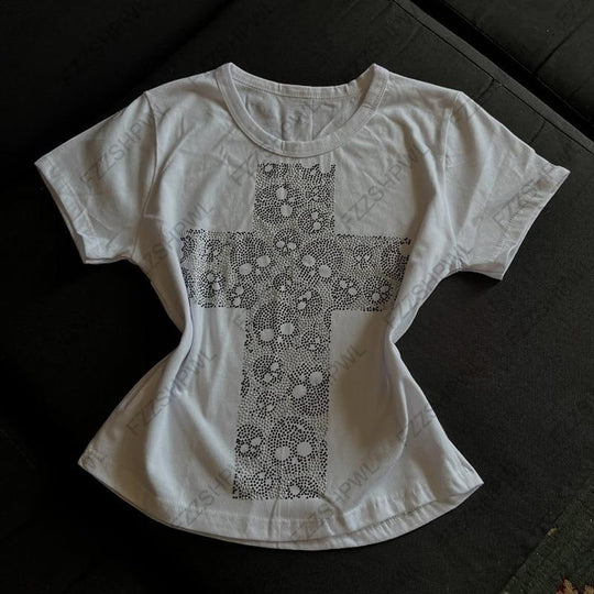 Damen T-Shirt mit kreativem Kreuzdruck R&B