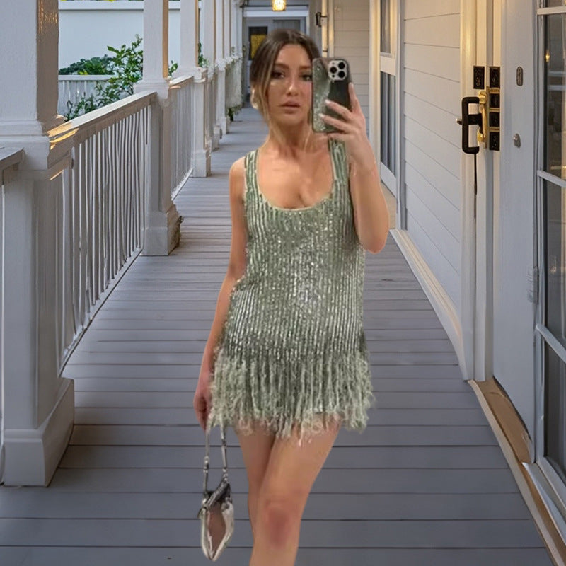 Damen Glamouröses Pailletten-Minikleid mit fransigen Akzenten R&B