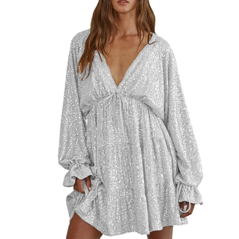 Damen Funkelndes Festkleid mit V-Ausschnitt und Rüschendetails R&B