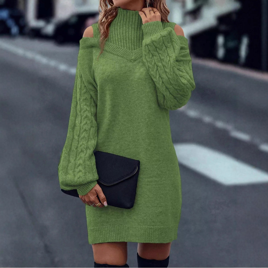 Damen Strickkleid mit geöffneten Schultern und strukturiertem Stehkragen R&B