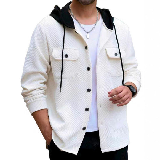 Herren nan strukturierte Overshirtjacke mit gesteppter Diagonalstruktur, Kontrastkapuze und aufgesetzten Brustklappen R&B