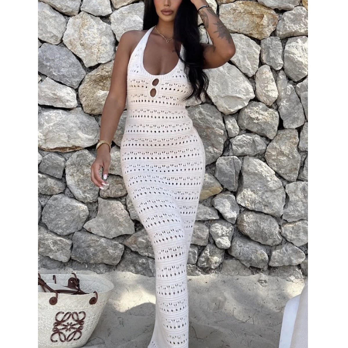 Damen Häkel-Maxikleid mit modischen Cut-Outs und lockerer Passform R&B