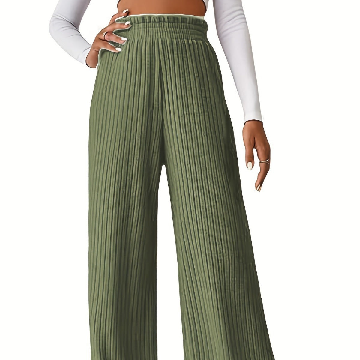 Damen weite Plisseehose mit hohem Bund und elastischem Taillenband R&B