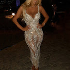 Damen glamouröses Abendkleid mit funkelnden Pailletten und fransigen Details R&B