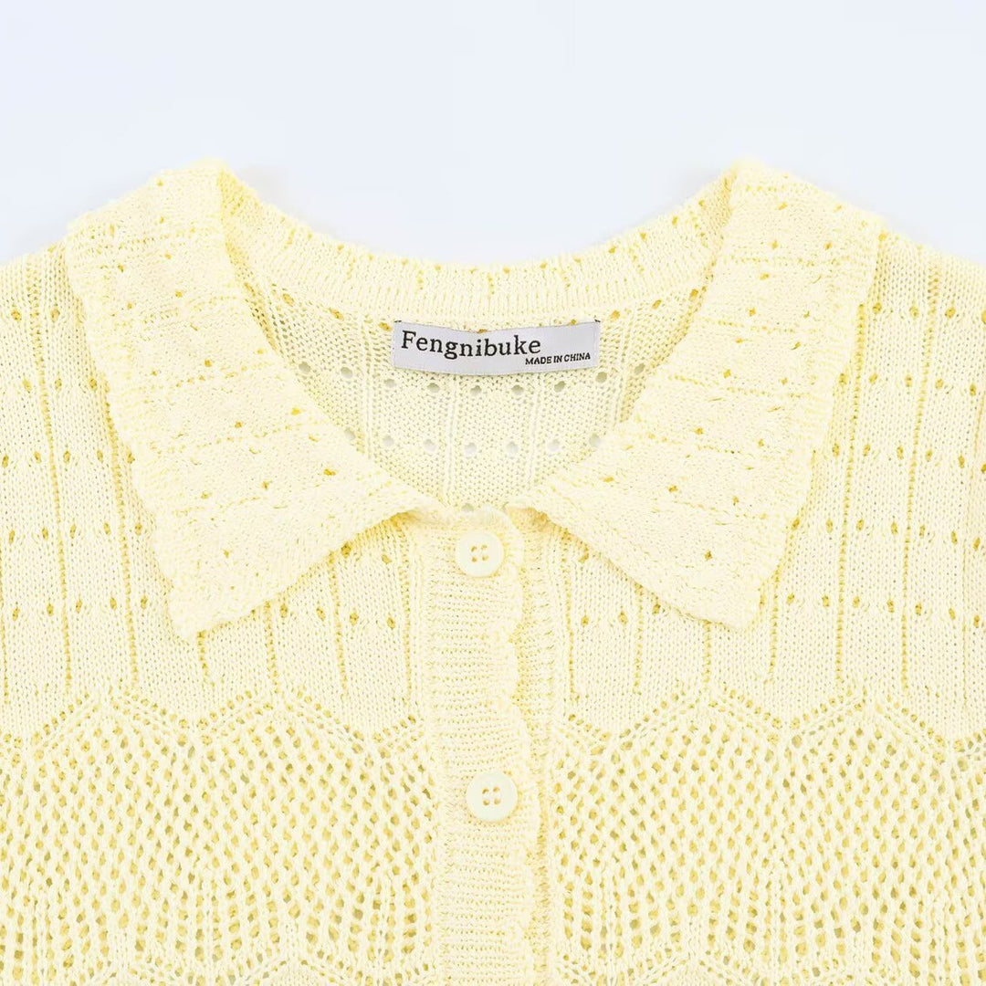 Damen luftige Strickjacke mit feinen Lochmustern und knöpfbarem Design R&B