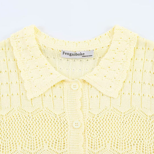 Damen luftige Strickjacke mit feinen Lochmustern und knöpfbarem Design R&B
