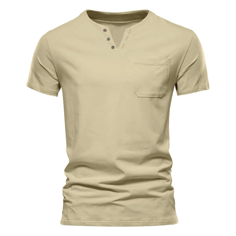 Herren Kurzarm-Henley-T-Shirt mit praktischer Brusttasche und anpassbarem Knopfverschluss R&B