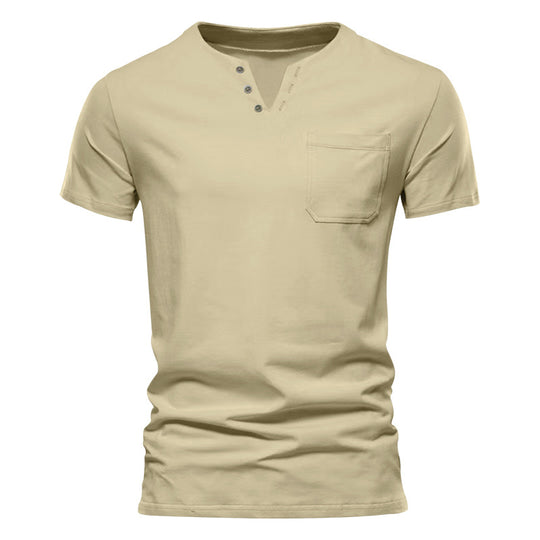 Herren Kurzarm-Henley-T-Shirt mit praktischer Brusttasche und anpassbarem Knopfverschluss R&B
