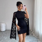 Damen nan tailliertes Spitzen-Minikleid mit hohem Stehkragen und dramatischen Cape-Ärmeln R&B