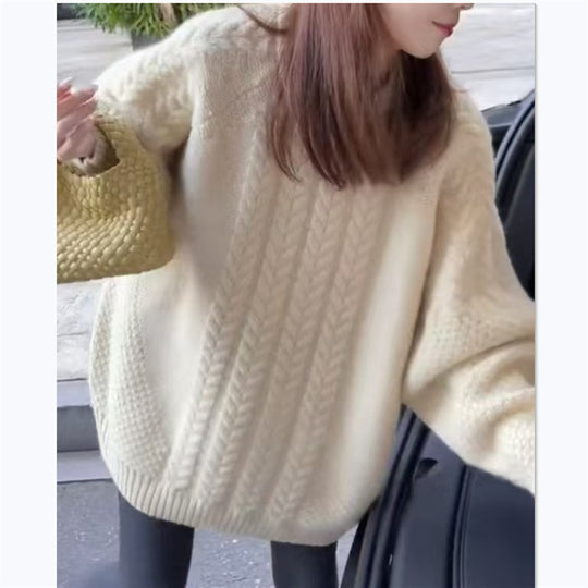 Damen Grobstrickpullover mit modischem Zopfmuster und überschnittenen Schultern R&B
