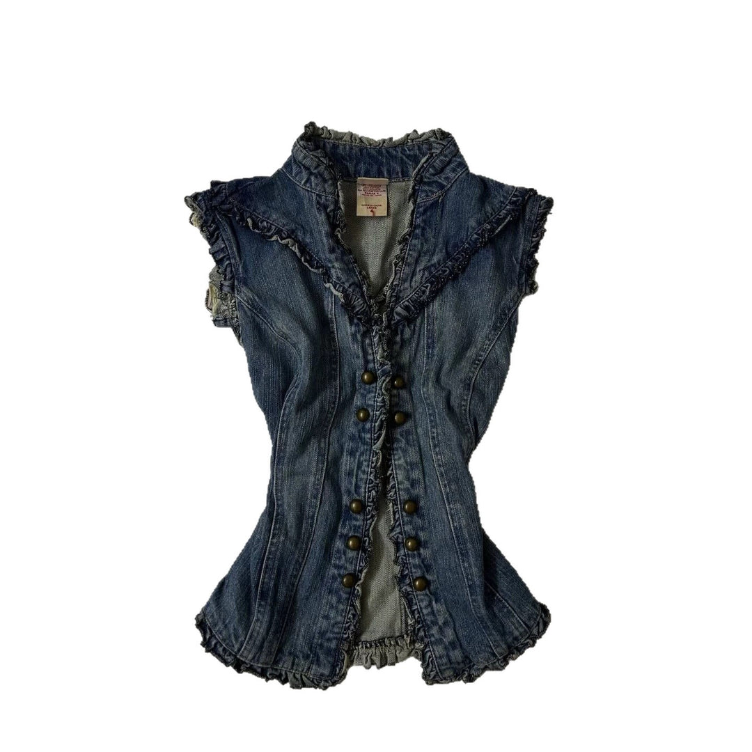Damen Denim-Weste mit verspieltem Rüschendesign R&B