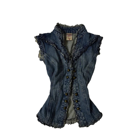 Damen Denim-Weste mit verspieltem Rüschendesign R&B