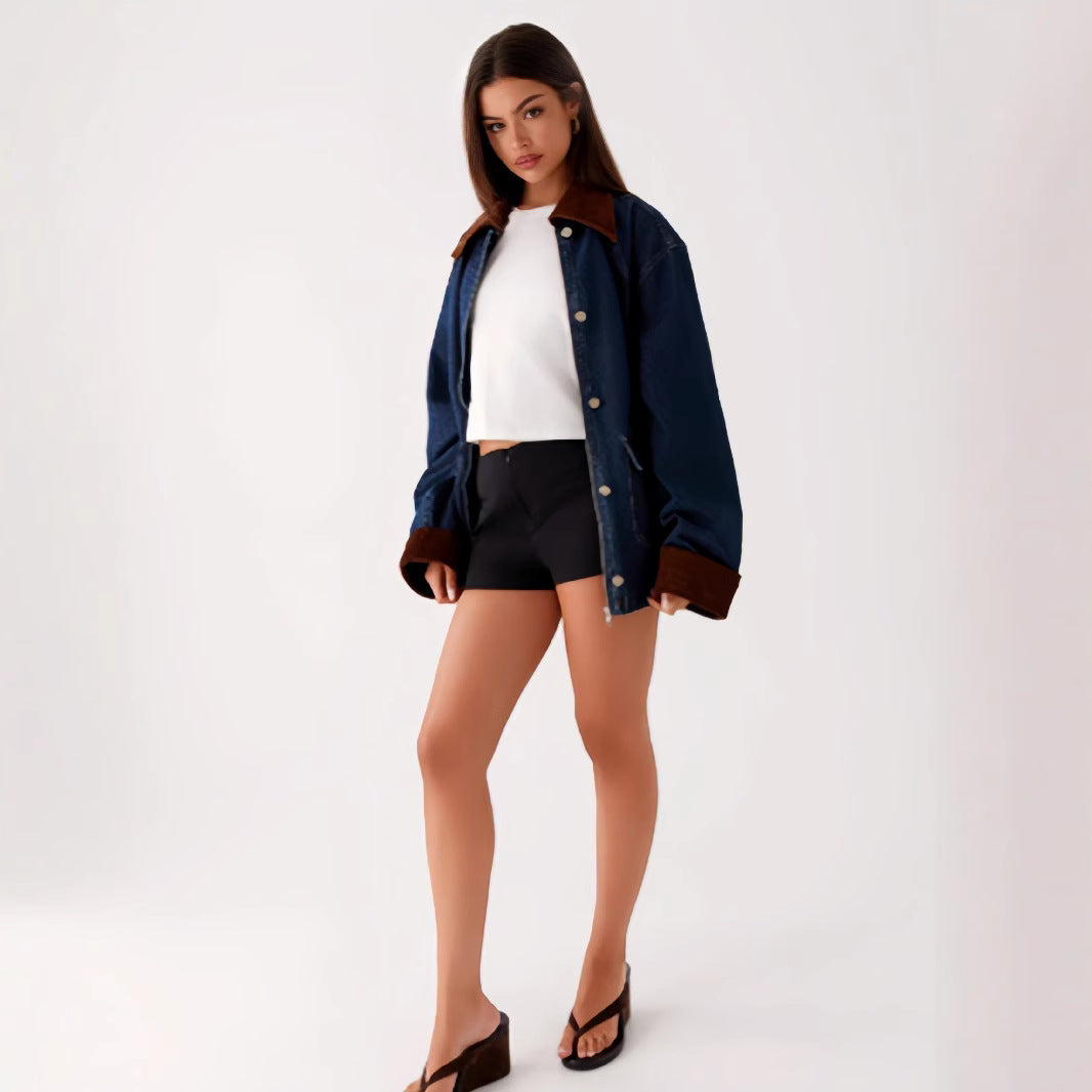 Damen Denimjacke mit Kapuze und kontrastierenden Ärmeln R&B