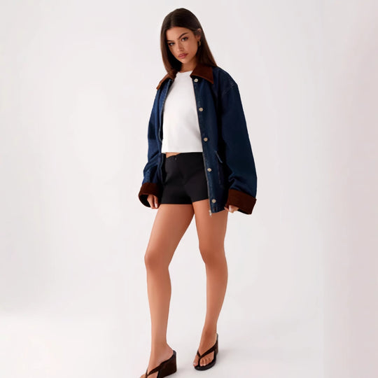 Damen Denimjacke mit Kapuze und kontrastierenden Ärmeln R&B
