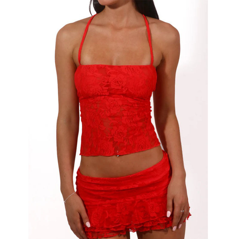 Damen Spitzencrop-Top mit gewelltem Rock R&B