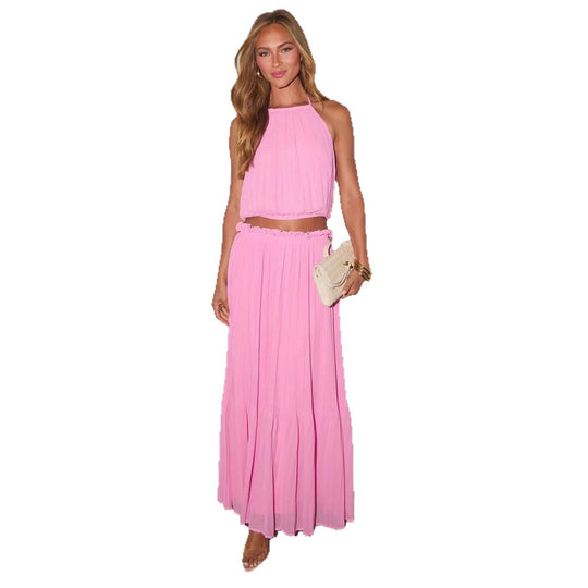 Damen Plissiertes Zweiteiliges Set mit Crop-Top und elegantem Maxiröck R&B