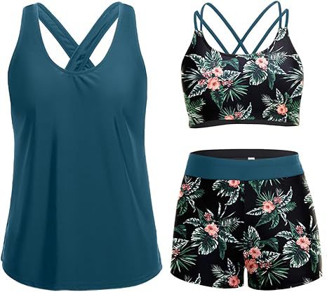 Damen Sportliches Tankini-Set mit floralem Oberteil und Shorts R&B