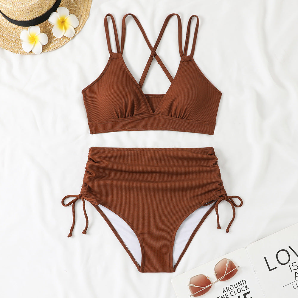 Damen Bikini-Set mit verstellbarem Kreuzträger und hoch geschnittenem Höschen R&B