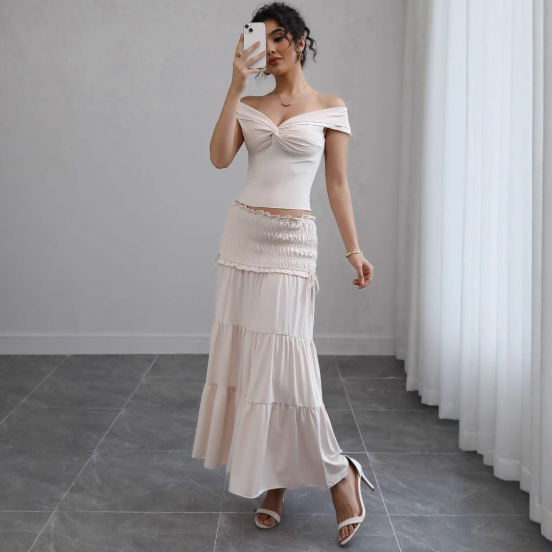 Damen Off-Shoulder Maxikleid mit gerafftem Rock und romantischem Design R&B