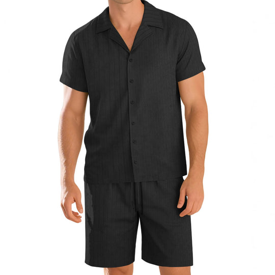 Herren nan Rippenstrick Lounge-Set mit Reverskragen Kurzarmhemd und Komfort-Bermuda R&B