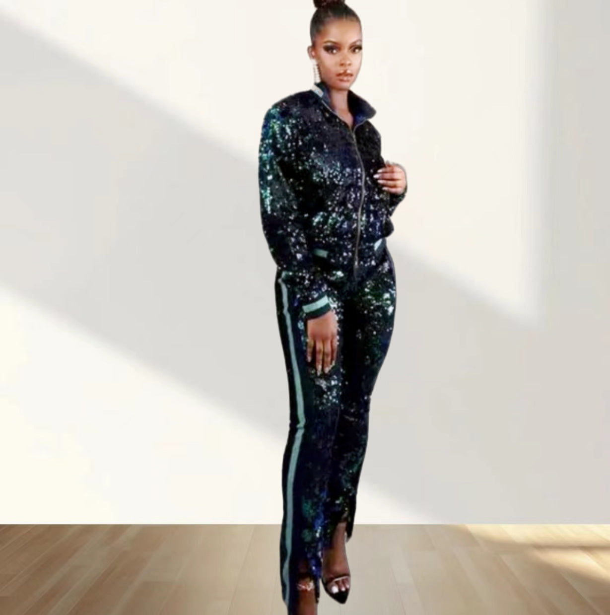 Damen Glitzerndes Sportanzug-Set mit trendigen Streifen R&B