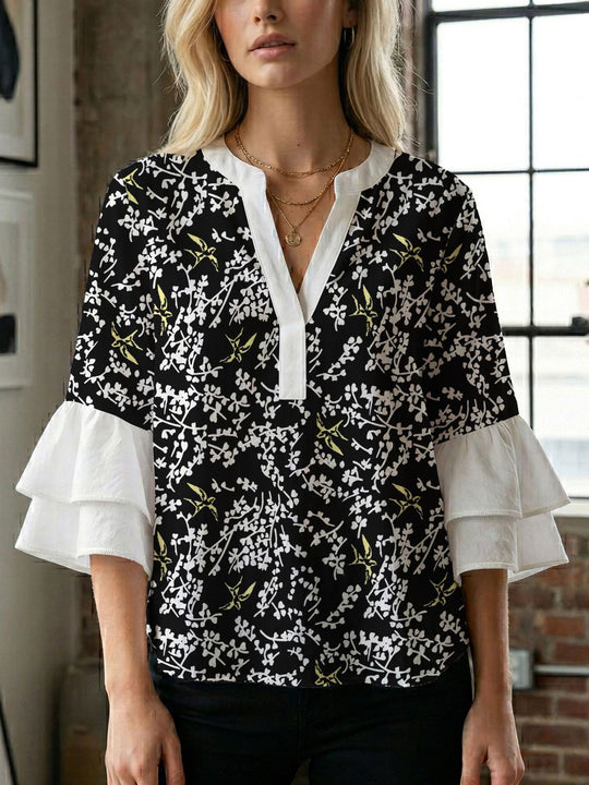 Damen Blusenshirt mit voluminösen Ärmeln und kreativem Druckdesign R&B