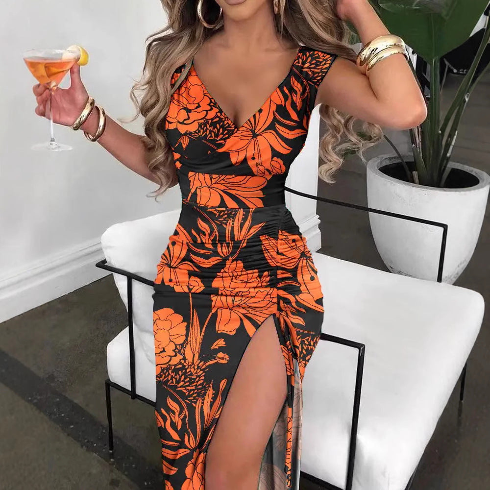 Damen V-Ausschnitt Maxikleid mit floralen Details und seitlichem Schlitz R&B