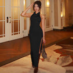 Damen Maxikleid mit eleganter Halskrause und hohem Schlitz R&B