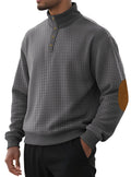 Herren nan kariertes Stepp-Sweatshirt mit Henley-Blende hohem Stehkragen und Velours-Ellenbogenpatch R&B
