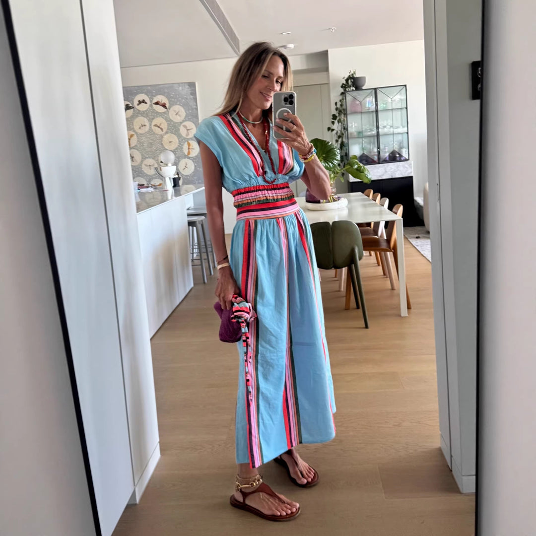 Damen Strandmaxi-Kleid mit elastischem Taillenbund und buntem Streifenmuster R&B