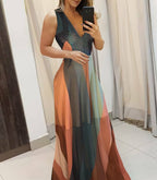Damen Maxikleid mit V-Ausschnitt und kunstvollem Muster R&B