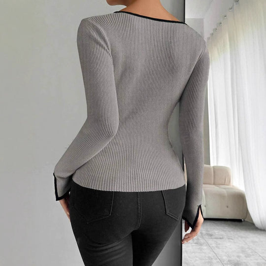 Damen modisches Strickoberteil mit tiefem V-Ausschnitt und eleganter Rippstruktur R&B