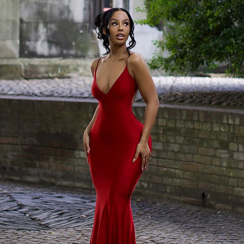 Damen Elegantes figurbetontes Abendkleid mit tiefem V-Ausschnitt und feierlichem Glanz R&B