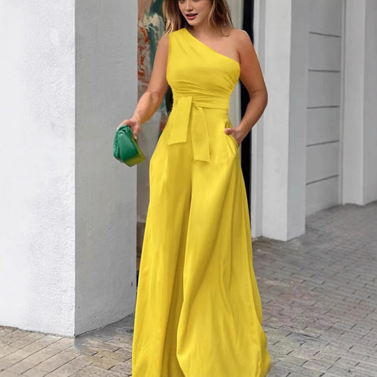 Damen eleganter Jumpsuit mit einseitigem Träger und fließendem Schnitt R&B