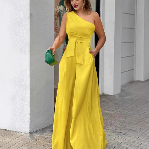 Damen eleganter Jumpsuit mit einseitigem Träger und fließendem Schnitt R&B