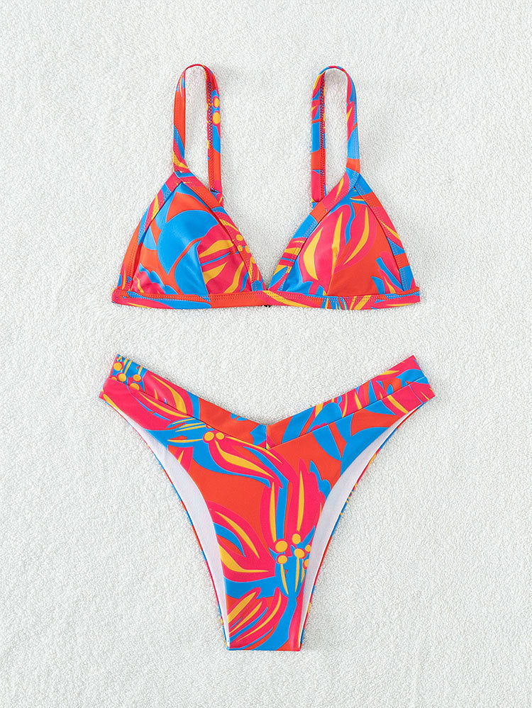 Damen Triangel-Bikini mit floralem Muster und hochgeschnittenen Höschen R&B
