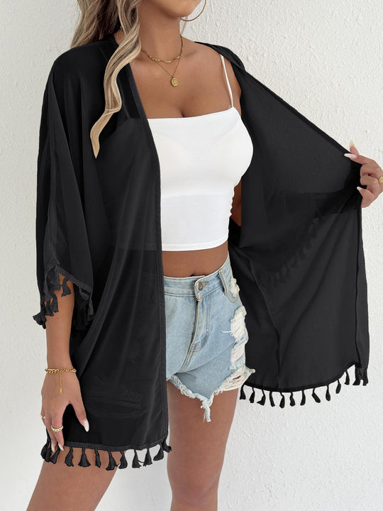 Damen eleganter Strandponcho mit Quasten R&B
