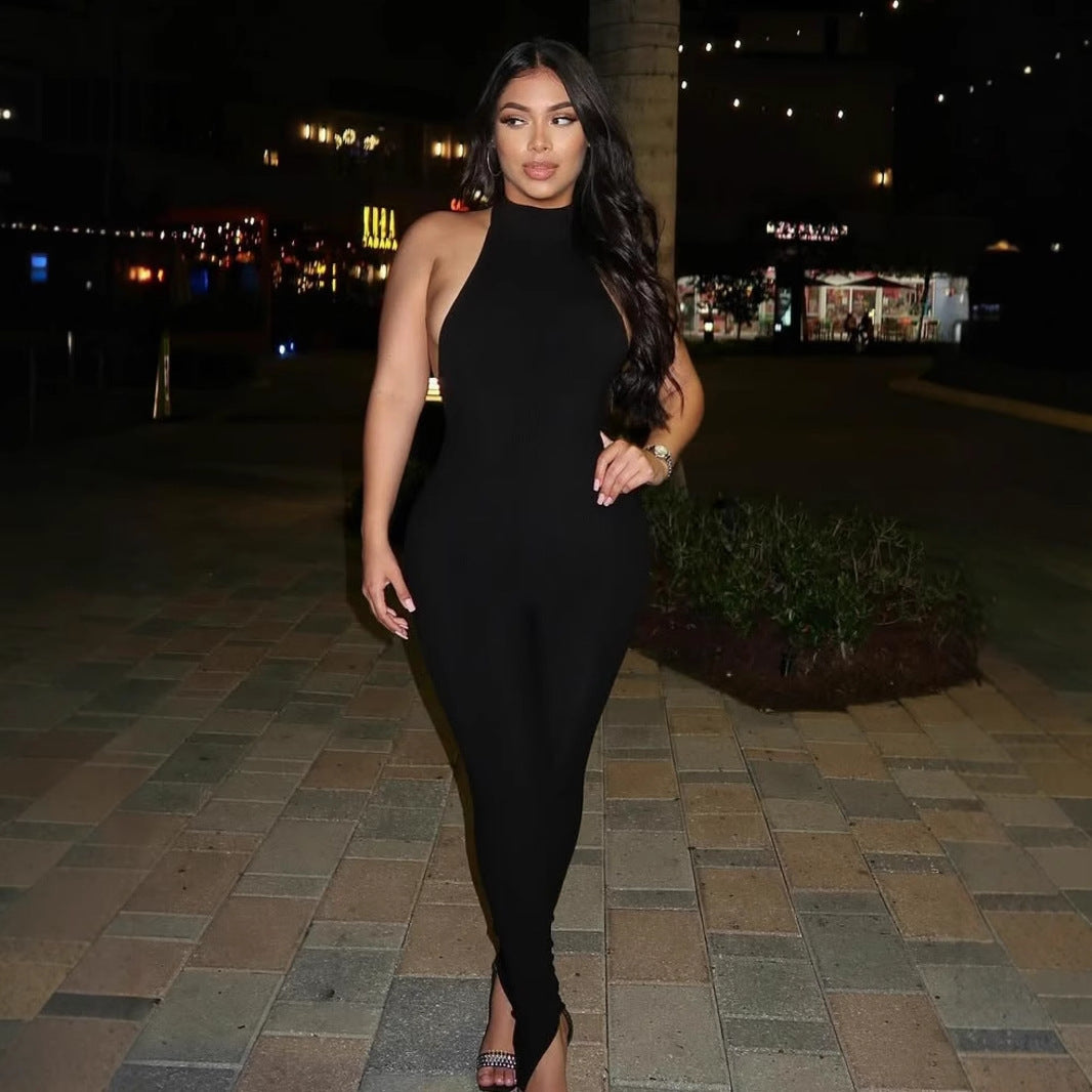 Damen figurbetonter Jumpsuit mit hohem Kragen und Rippstruktur R&B