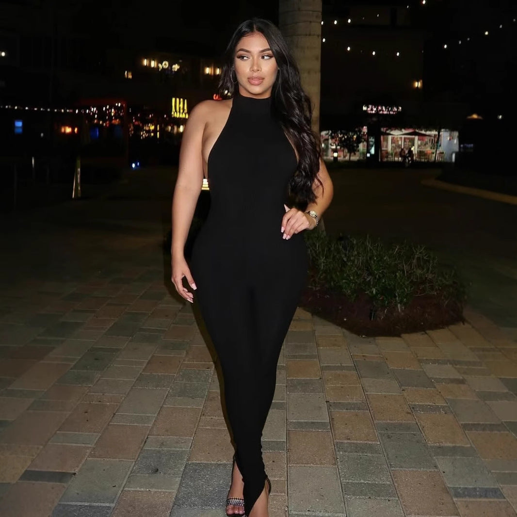 Damen figurbetonter Jumpsuit mit hohem Kragen und Rippstruktur R&B