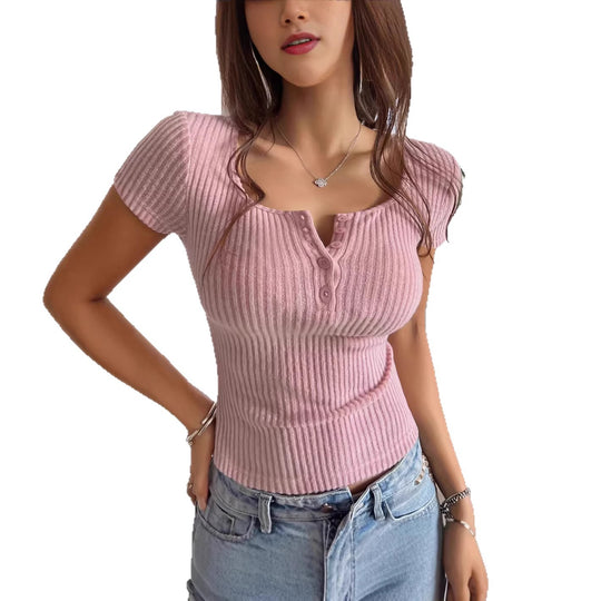 Damen figurbetontes Kurzarm-Shirt mit Knopfleiste und Rippstruktur R&B