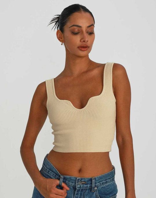 Damen Crop-Top mit Wellen-Ausschnitt und feiner Rippstruktur R&B