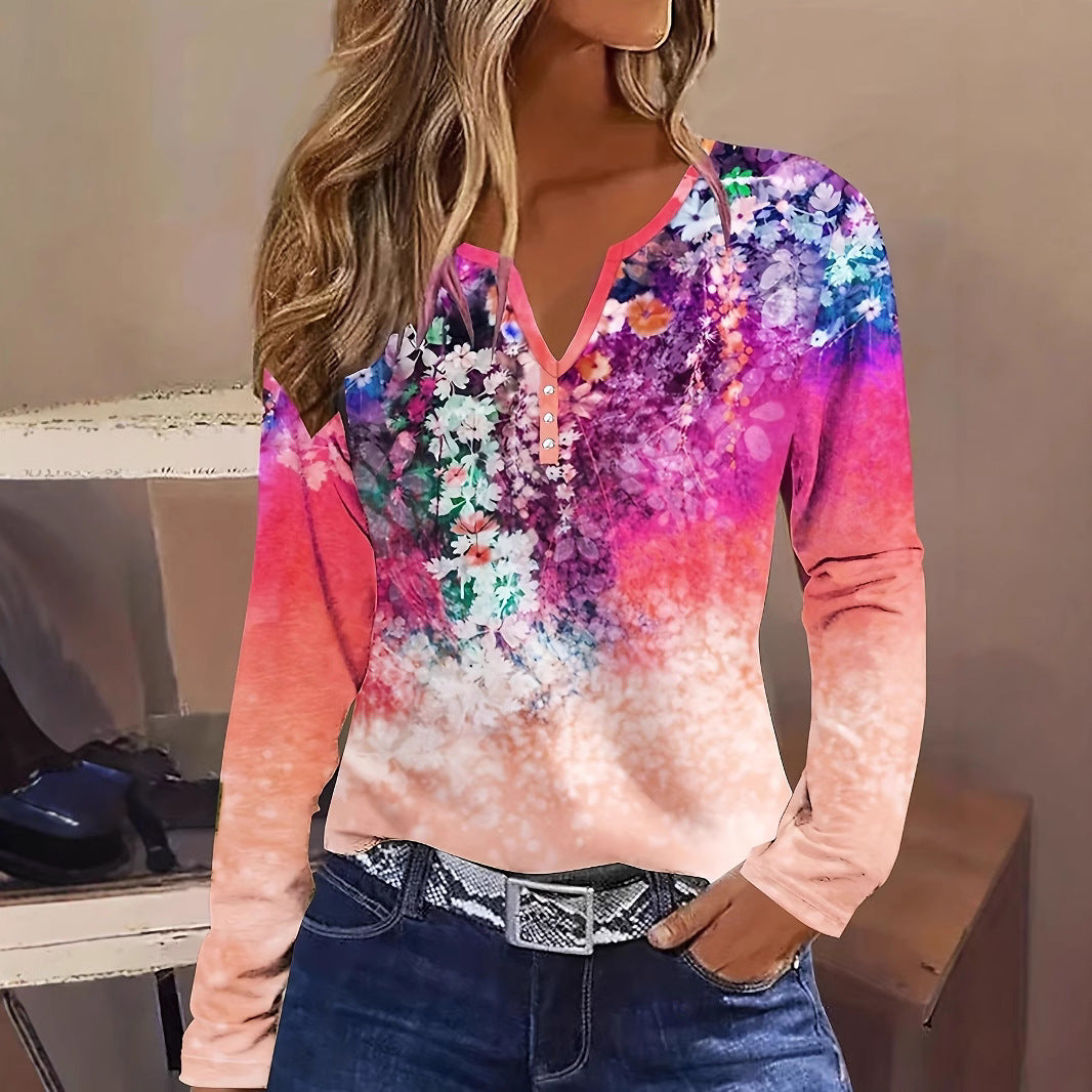 Damen Blütenmuster Langarmshirt mit Knopfleiste R&B