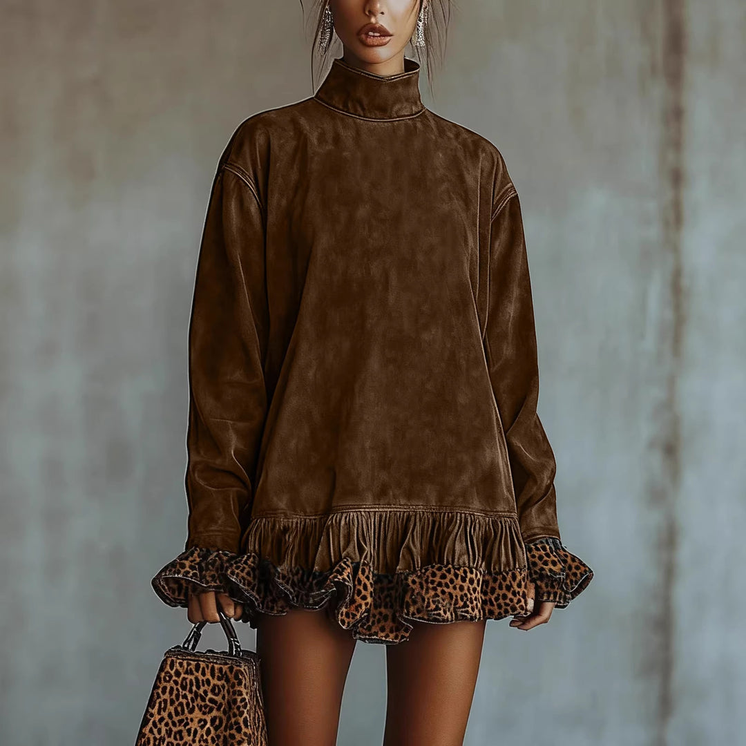 Damen Oversized Sweatkleid mit Leopardenrüsche R&B